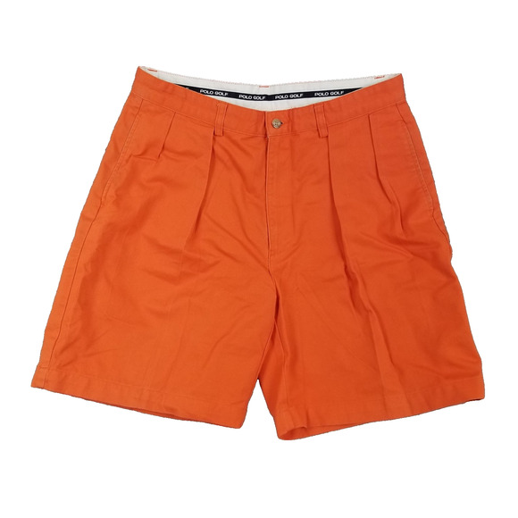 Polo Golf Shorts Mens 34 Classic Fit Pleated Chino Plaid Crest Patch - Picture 1 of 16